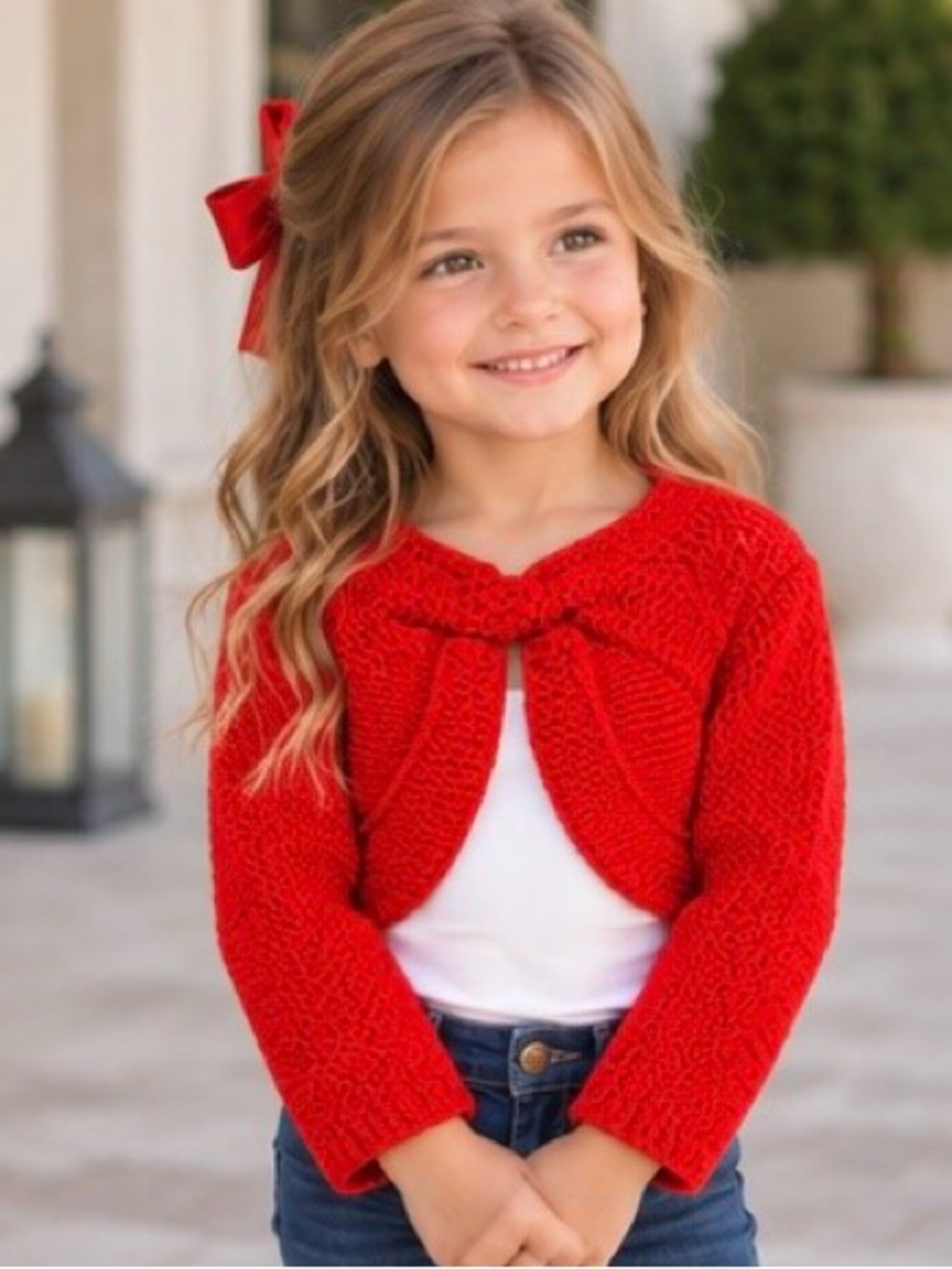 Girls' Red Knit Bow Alpaca & Wool Cardigan Shrug - Kids Shirts & Tops size 4